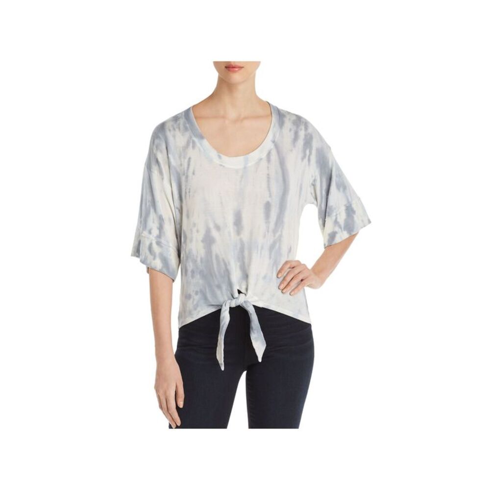 RED HAUTE Womens Light Blue Tie Dye Elbow Sleeve Scoop Neck Top S